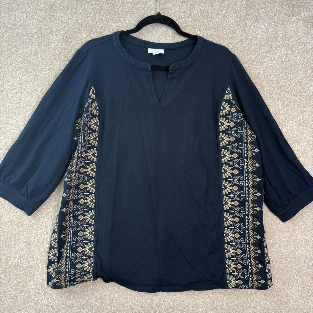 J.JILL PURE JILL Top Women XL Blue Embroidered Cotton Floral Boho Peasant Casual